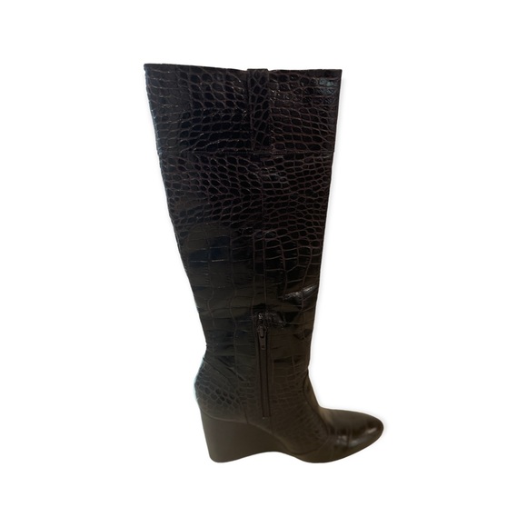 Embossed Animal Print Designer Brown Leather Wedge Heel Knee Boots - Picture 4 of 6